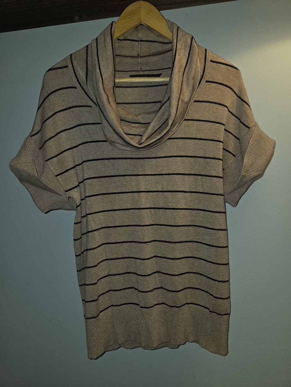 Striped Taupe Cowl Neck Short Sleeve Sweater